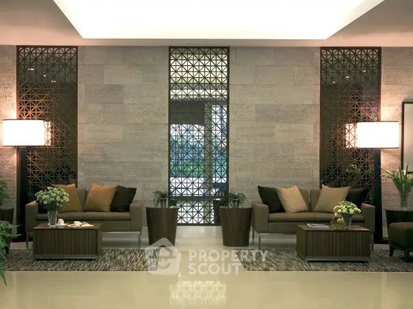 Luxurious modern living room with elegant decor and ambient lighting