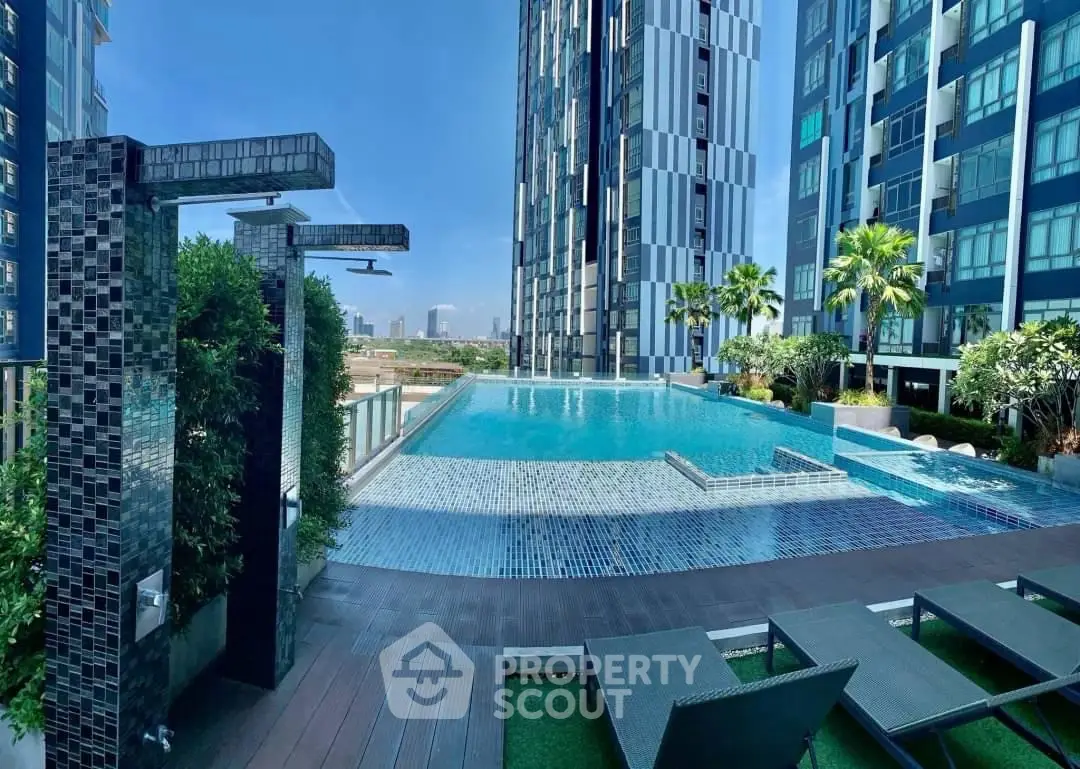 Luxurious high-rise apartment with stunning rooftop pool and city views, perfect for urban living.