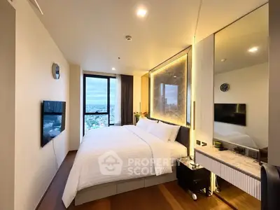 Luxurious bedroom with modern decor and stunning city view from large window.