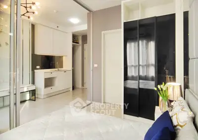 Modern bedroom with sleek design and built-in storage
