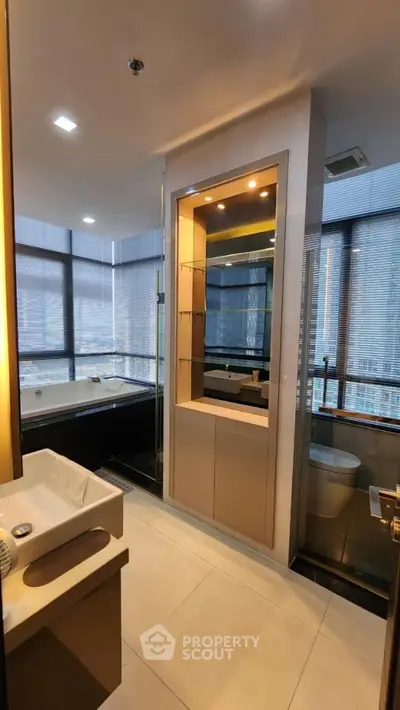 Luxurious modern bathroom with city view and sleek design