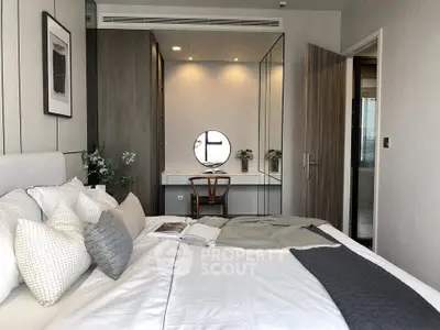 Luxurious bedroom with elegant decor and cozy bedding in modern apartment