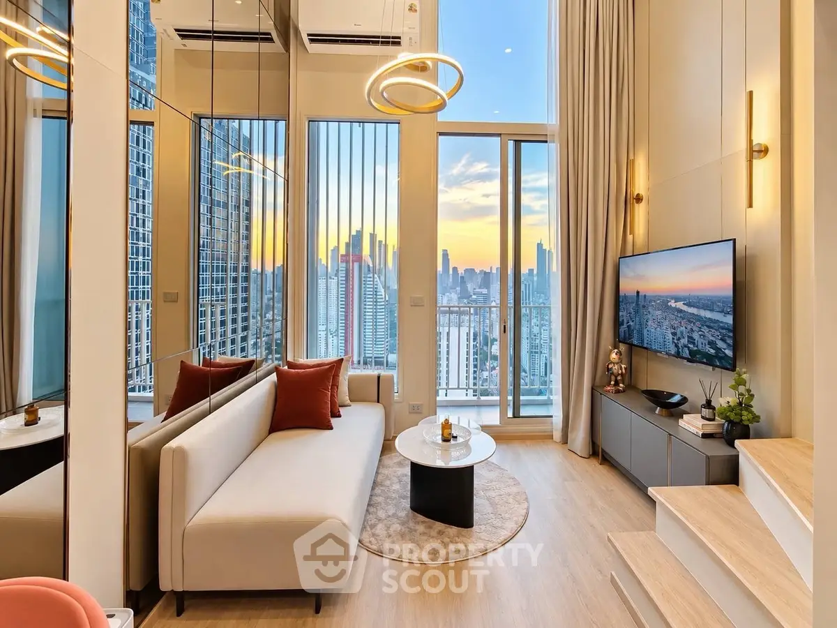 Luxurious high-rise living room with stunning city skyline view and modern decor.