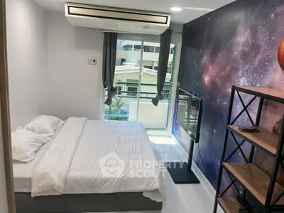 Modern bedroom with galaxy-themed wall, large window, and sleek shelving unit.