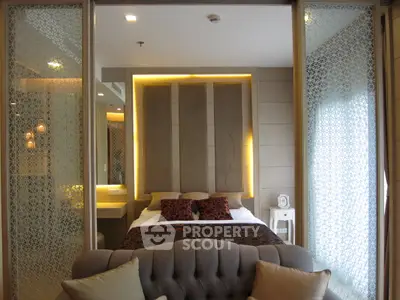 Luxurious modern bedroom with elegant decor and ambient lighting