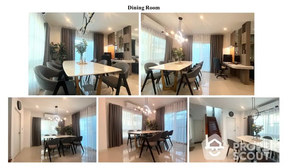 Elegant dining area seamlessly connects to a spacious living room, featuring modern furniture, chic lighting, and tasteful decor.