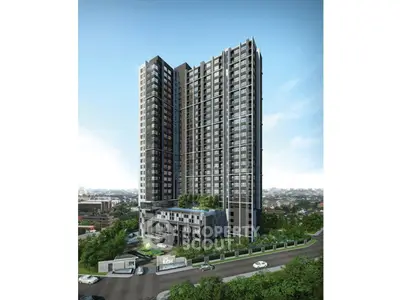Modern high-rise building with sleek design and panoramic city views, ideal for urban living.