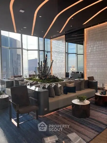 Luxurious modern living room with panoramic city views and stylish decor