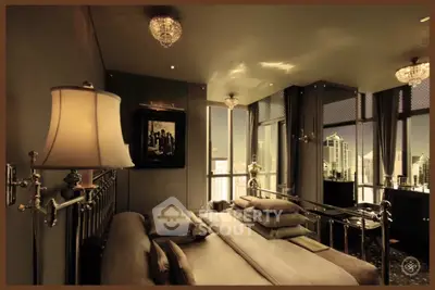 Luxurious bedroom with elegant decor and city skyline view, featuring plush bedding and ambient lighting.