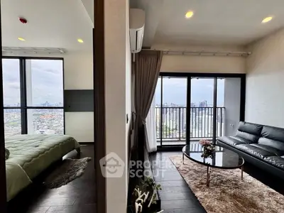 Modern apartment with stunning city view, featuring a cozy living room and elegant bedroom.