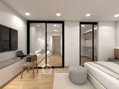 Modern bedroom with sleek design and open closet space