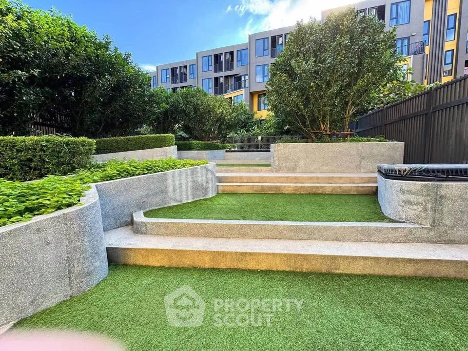 Modern landscaped garden with lush greenery and contemporary building backdrop