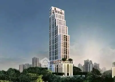 Stunning modern high-rise building with lush greenery and city skyline view.