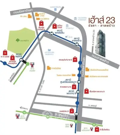 Map showing location of House 23 Ratchada-Ladprao with nearby amenities and transport links.