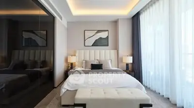 Luxurious modern bedroom with elegant decor and large windows offering natural light.