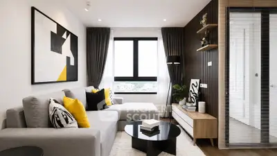 Modern living room with stylish decor, large window, and cozy seating area.