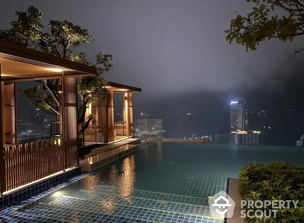 Luxurious rooftop infinity pool with stunning city skyline view at night