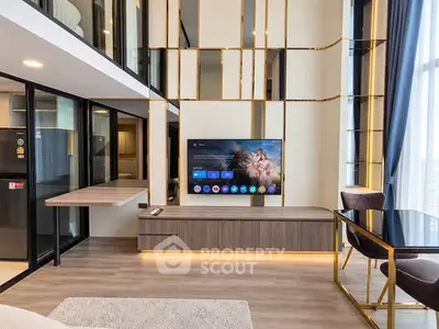 Luxurious modern living room with high ceilings and stylish decor
