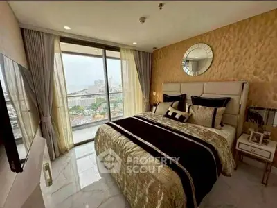 Luxurious bedroom with city view and elegant decor