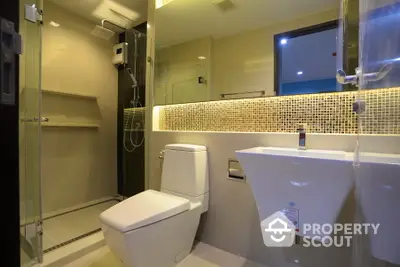 Modern bathroom with sleek fixtures and ambient lighting