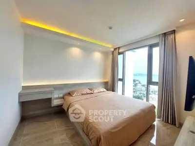 Modern bedroom with stunning city view and elegant lighting