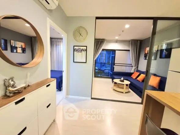 Modern apartment interior with stylish living room and cozy bedroom