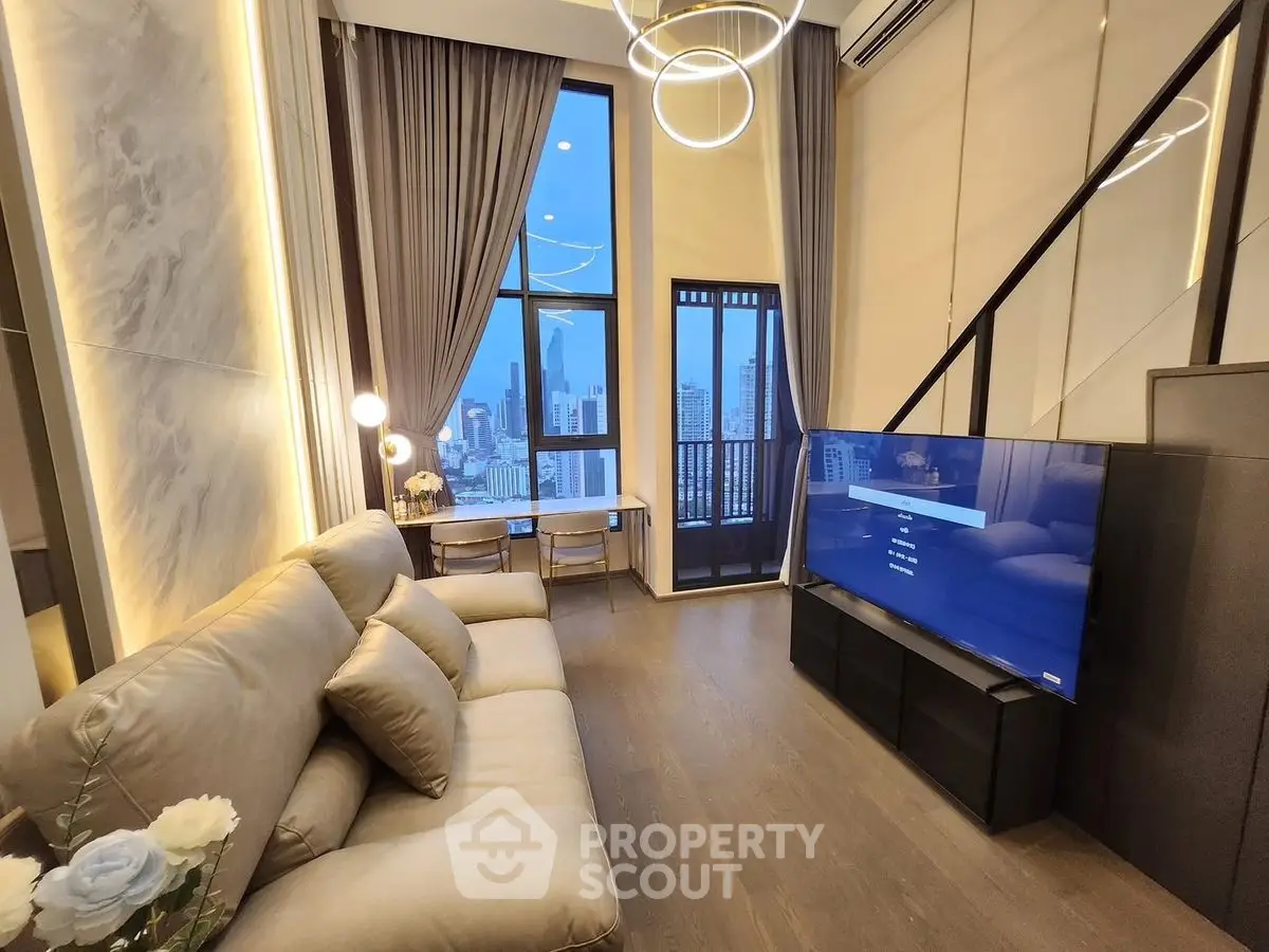 Luxurious modern living room with high ceilings and city view