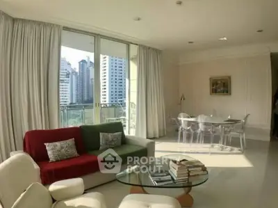 Spacious living room with modern furniture and city view, perfect for urban living.