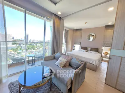Luxurious bedroom with stunning city view and elegant decor