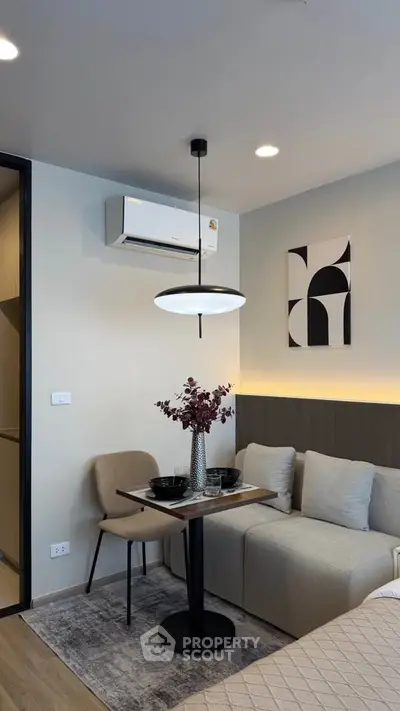 Modern living room with stylish decor and cozy seating area