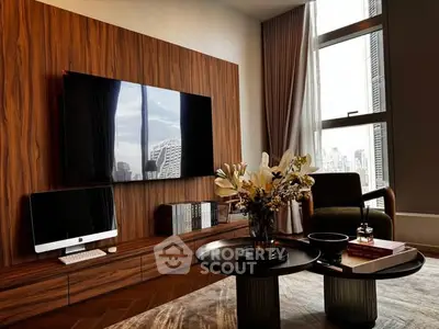 Luxurious living room with modern decor and city view