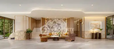 Luxurious and spacious living room with elegant decor and large windows offering a serene garden view.