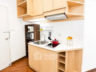 Modern compact kitchen with wooden cabinets and appliances, ideal for efficient cooking in small spaces.