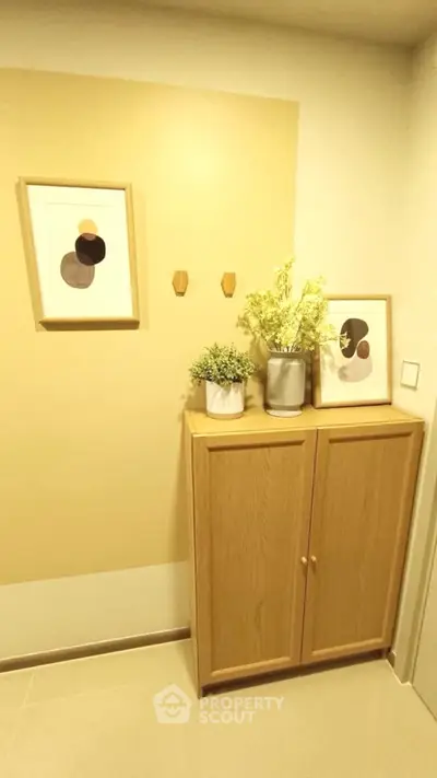 Stylish hallway with modern decor and wooden cabinet