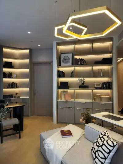 Modern living room with stylish shelving and geometric lighting, perfect for contemporary living.