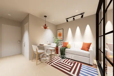 Modern living room with stylish decor and cozy dining area, featuring a white sofa and contemporary lighting.