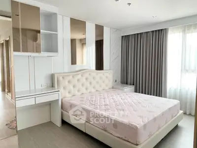 Spacious modern bedroom with elegant decor and ample natural light