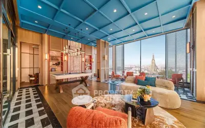 Luxurious living room with panoramic city view and modern decor