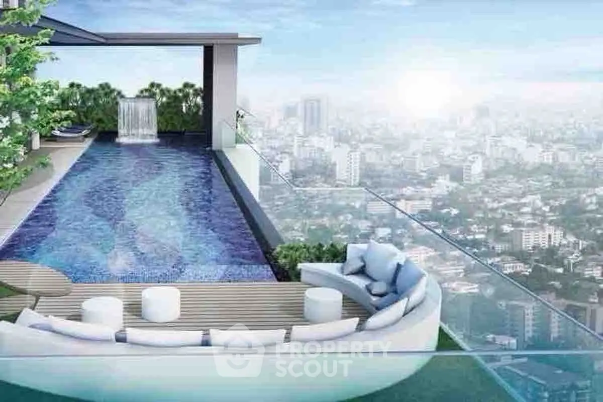 Luxurious rooftop pool with stunning city view and modern seating area.