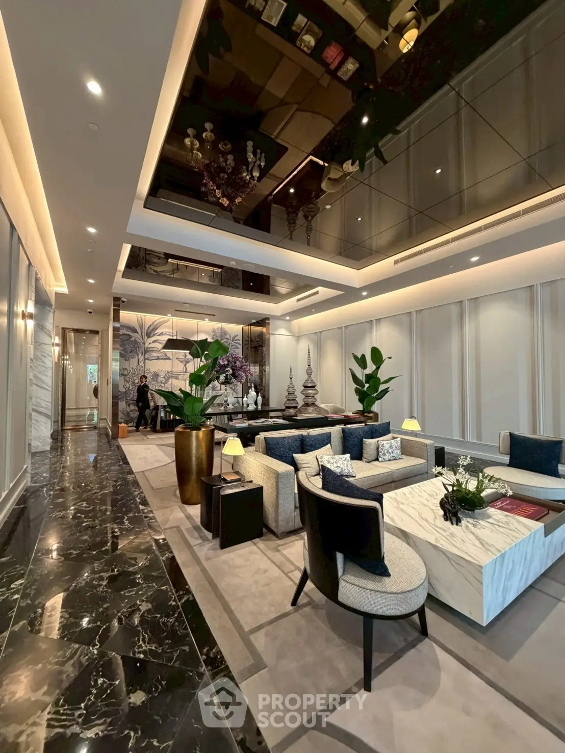 Luxurious modern living room with high ceilings and elegant decor