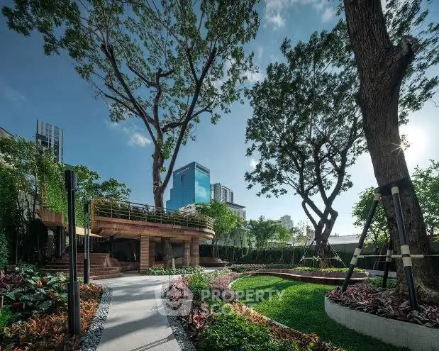 Lush garden with modern landscaping and mature trees in urban setting