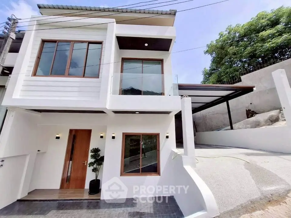 Modern two-story house with sleek design and spacious driveway