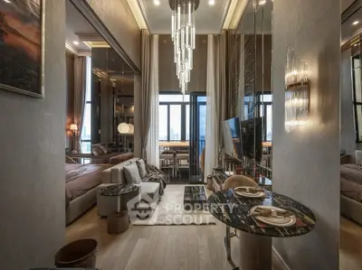 Luxurious modern living room with elegant decor and city view, featuring a cozy seating area and stylish dining space.