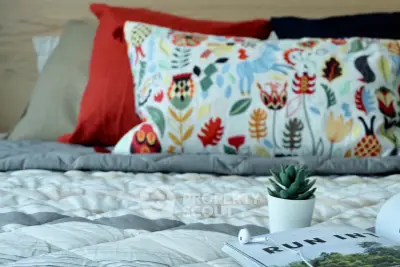 Cozy bedroom with colorful pillows and a small plant on the bed, perfect for relaxation.