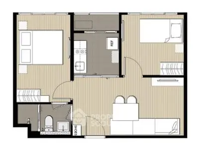 Modern apartment floor plan with two bedrooms, open kitchen, and cozy living area.