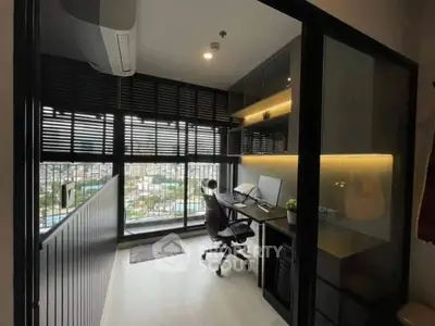 Modern study room with city view and sleek design