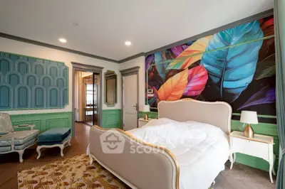 Luxurious bedroom with vibrant leaf mural and elegant furniture