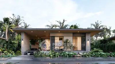 Modern single-story home with lush landscaping and sleek architectural design, featuring large windows and a flat roof.