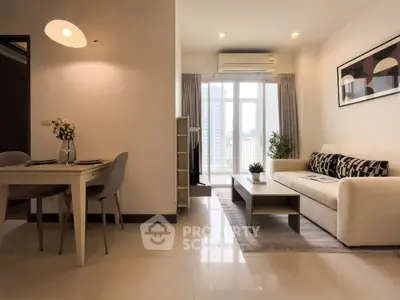Modern living room with dining area, featuring sleek furniture and large windows with city view.