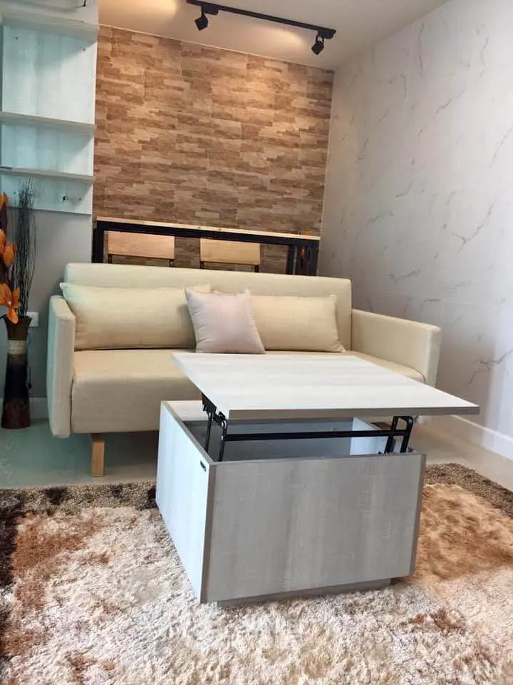 Modern living room with stylish sofa and multifunctional coffee table